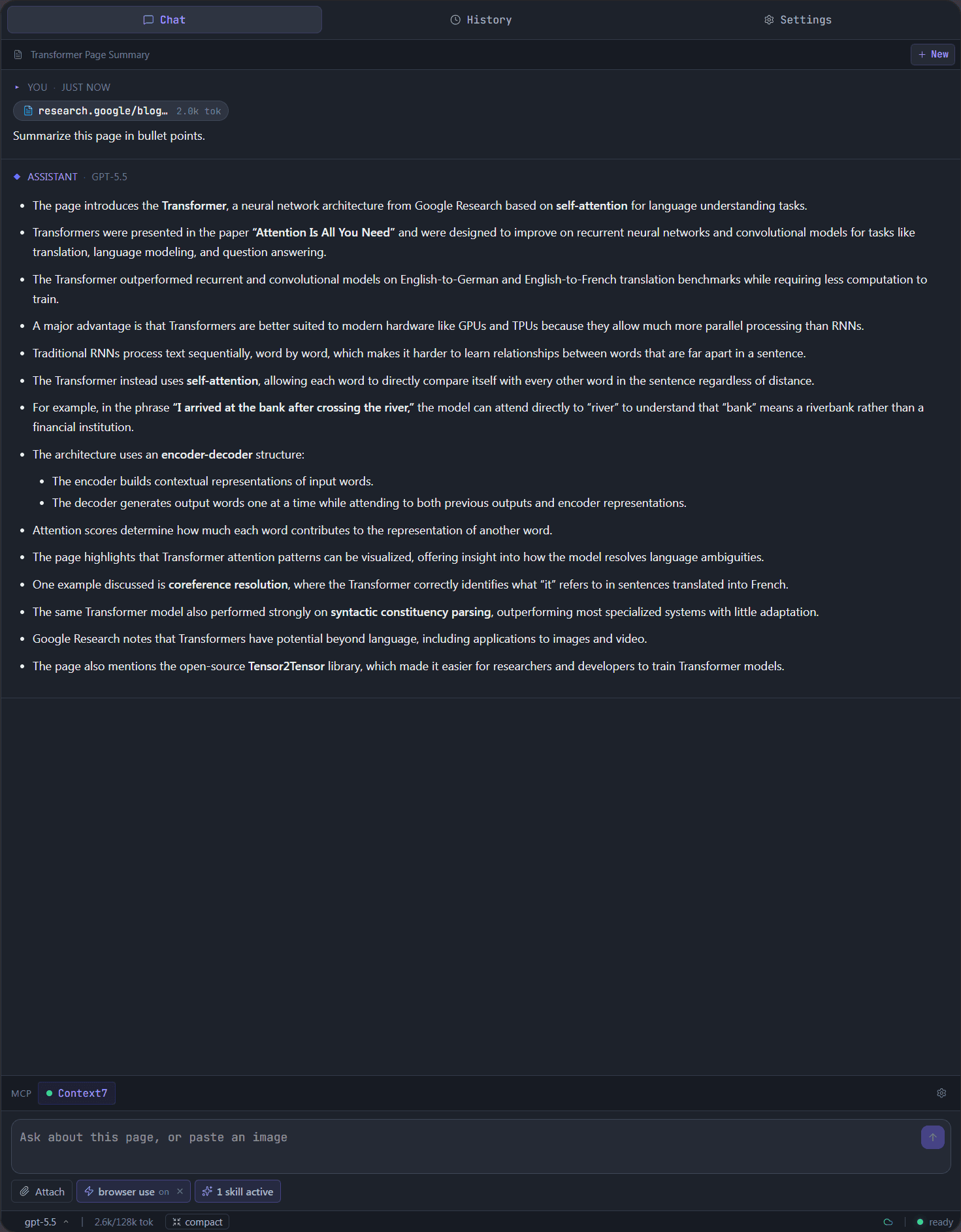 BrowsePal summarizing an attached Google Research article in bullet points