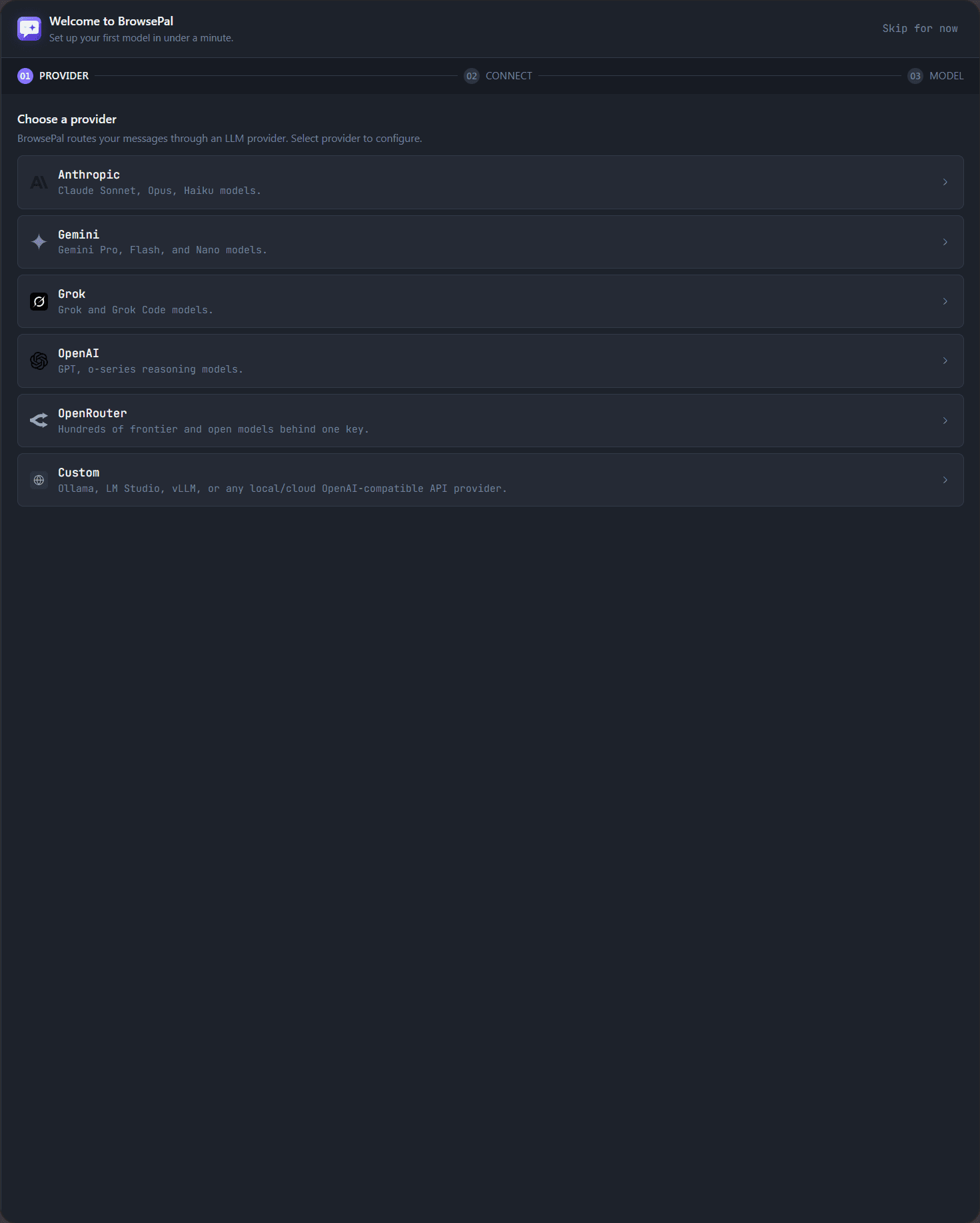 BrowsePal welcome screen with the six provider options listed