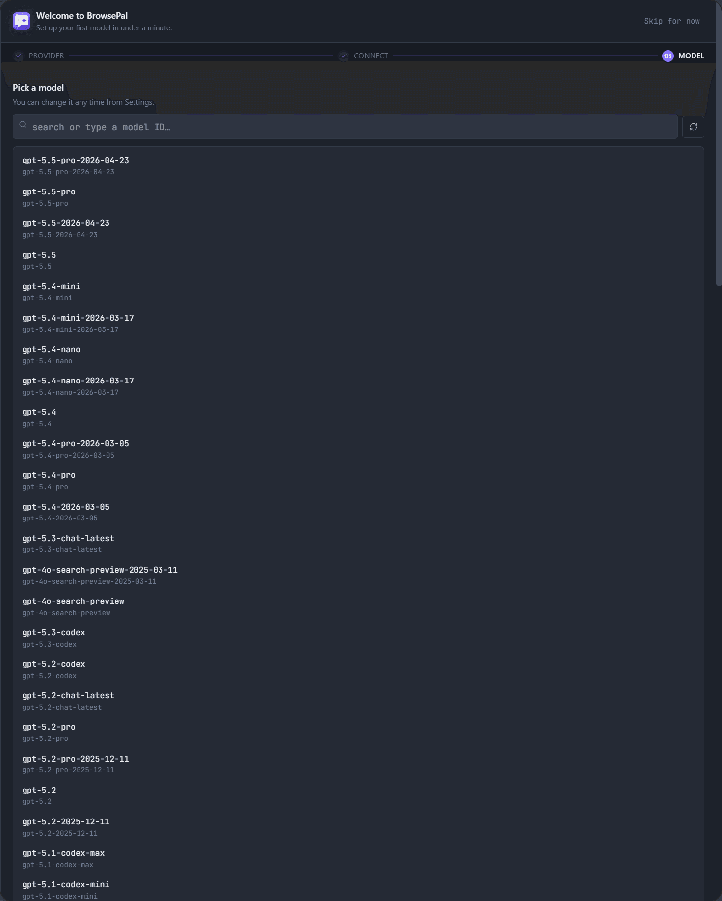 Model picker listing GPT-5.5 and other OpenAI chat models