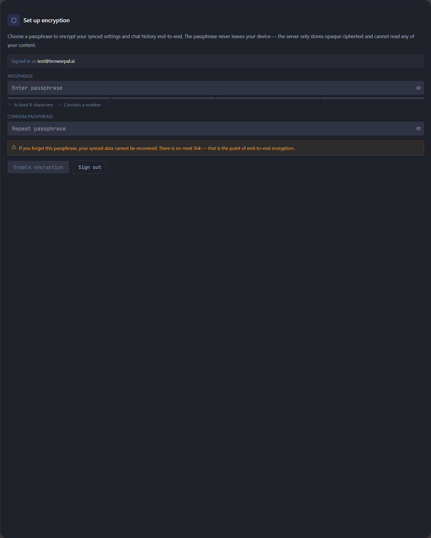 BrowsePal passphrase setup screen explaining that the passphrase never leaves the device