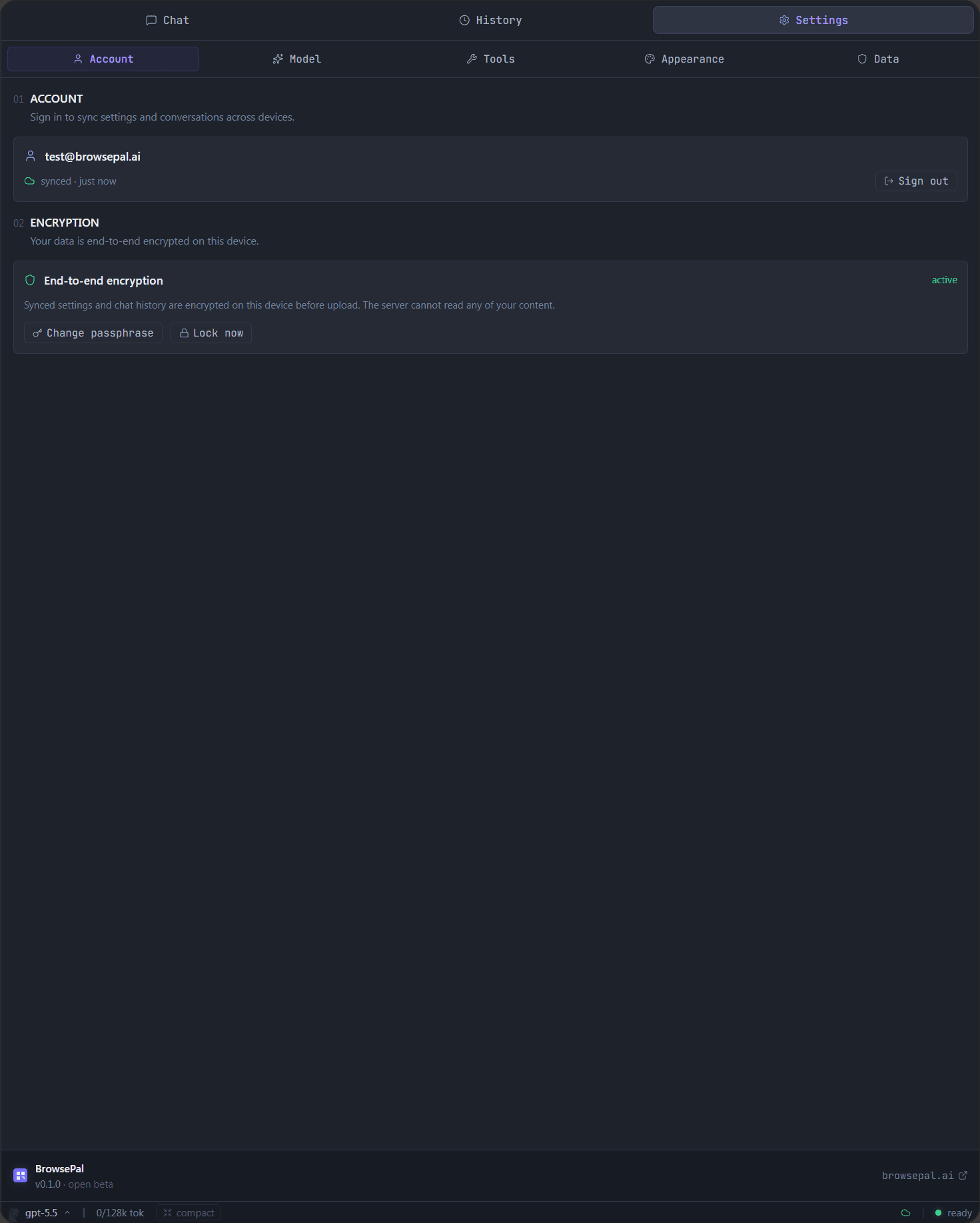 BrowsePal Account settings showing a signed-in user and the active end-to-end encryption card