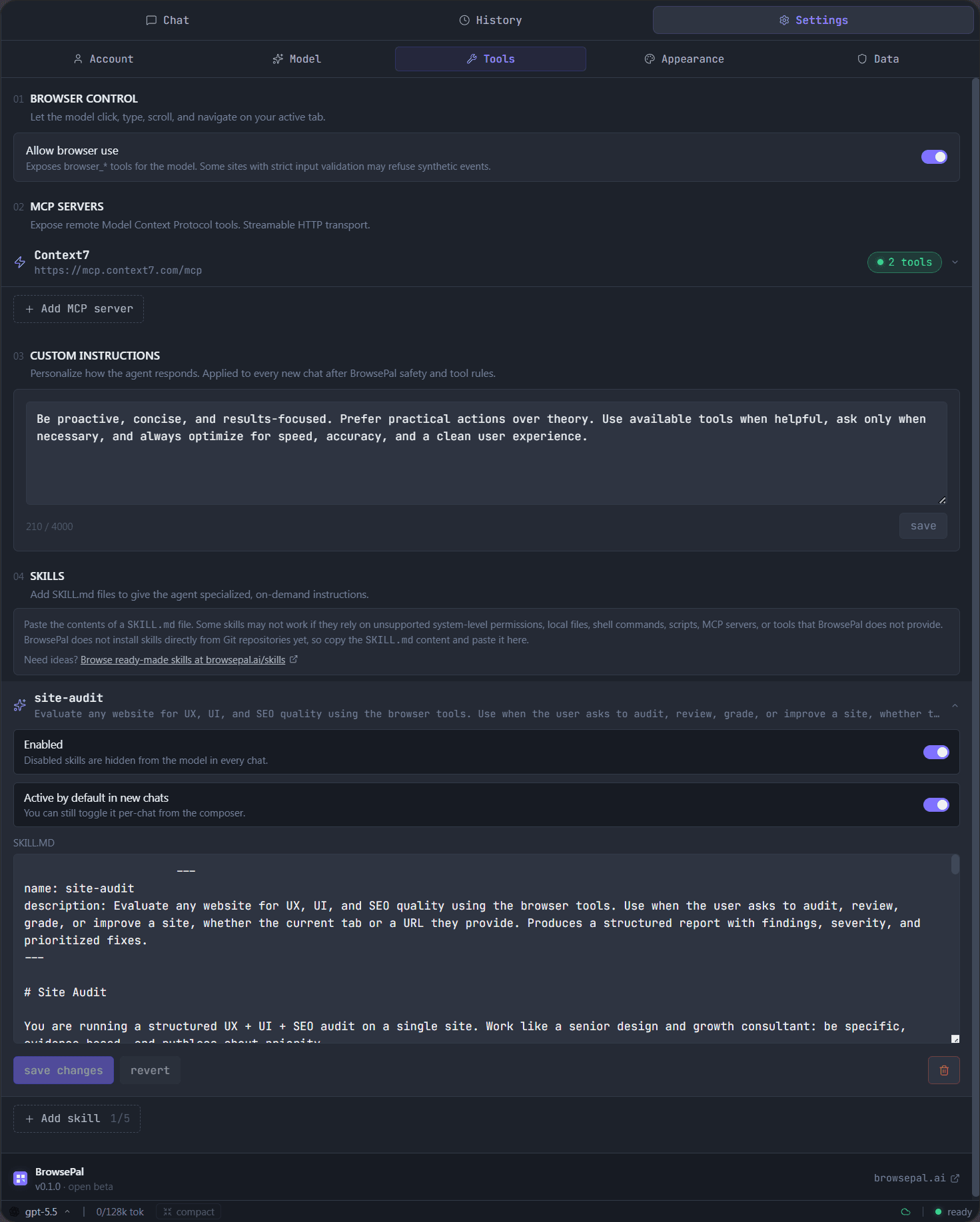 BrowsePal Tools settings showing browser use, MCP servers, custom instructions, and skills