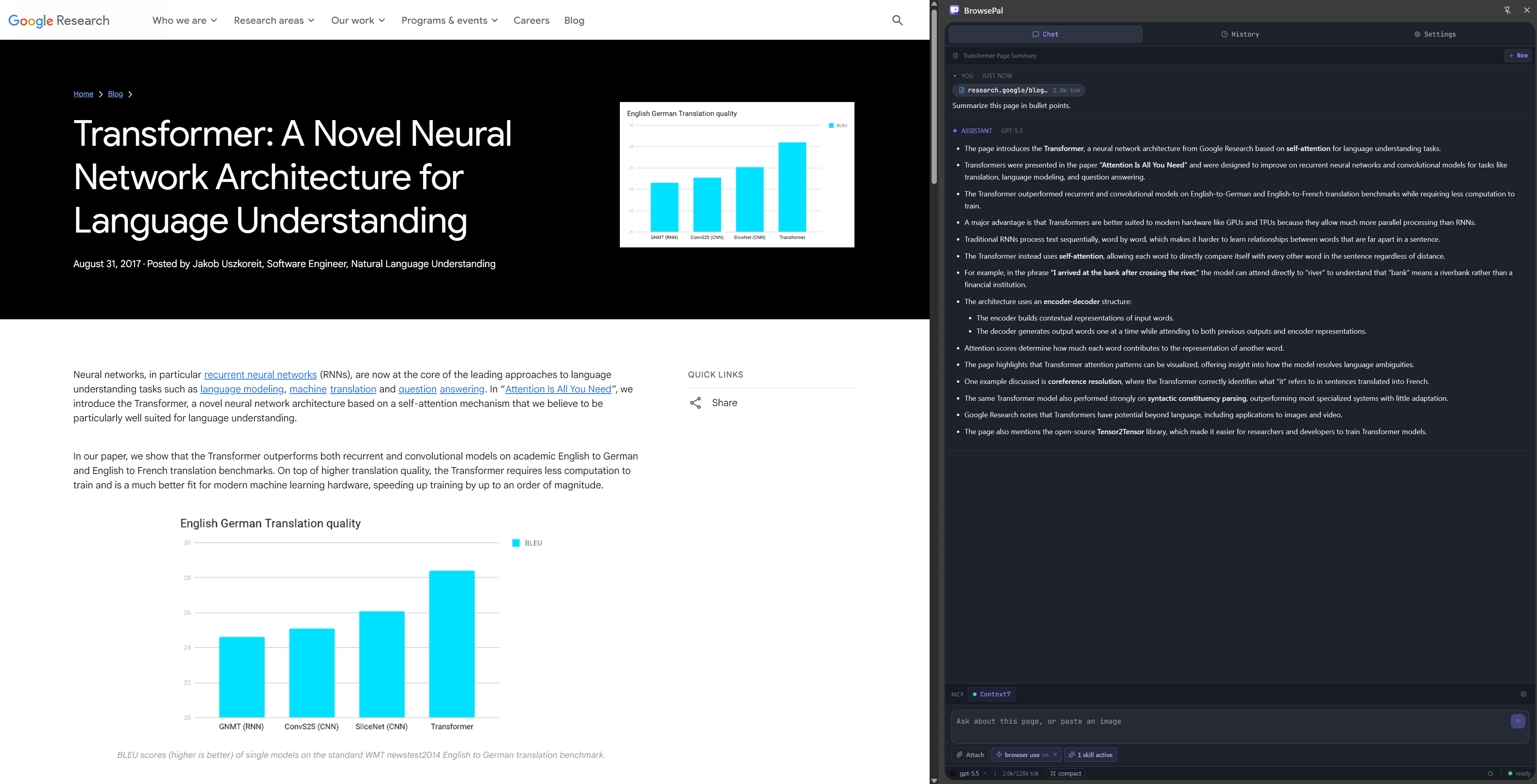 BrowsePal summarizing a Google Research article from its side panel