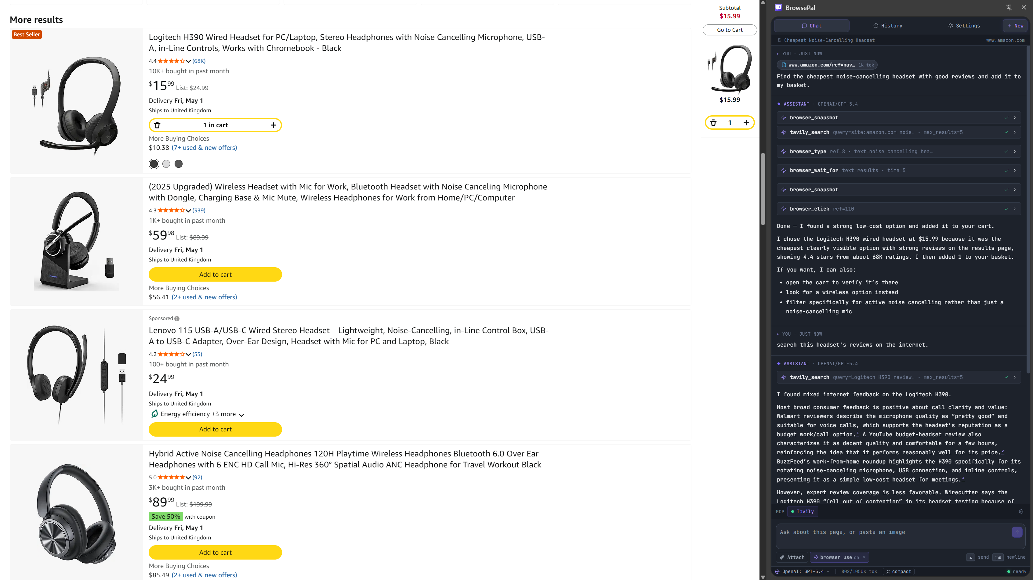 BrowsePal driving an Amazon search, with the panel showing tool calls