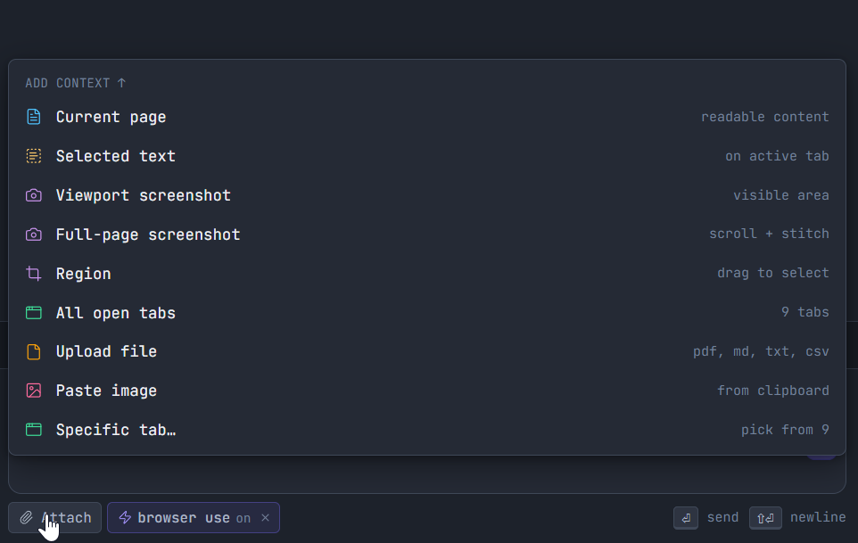 BrowsePal attach menu listing every context source: current page, selection, screenshots, tabs, files, paste image
