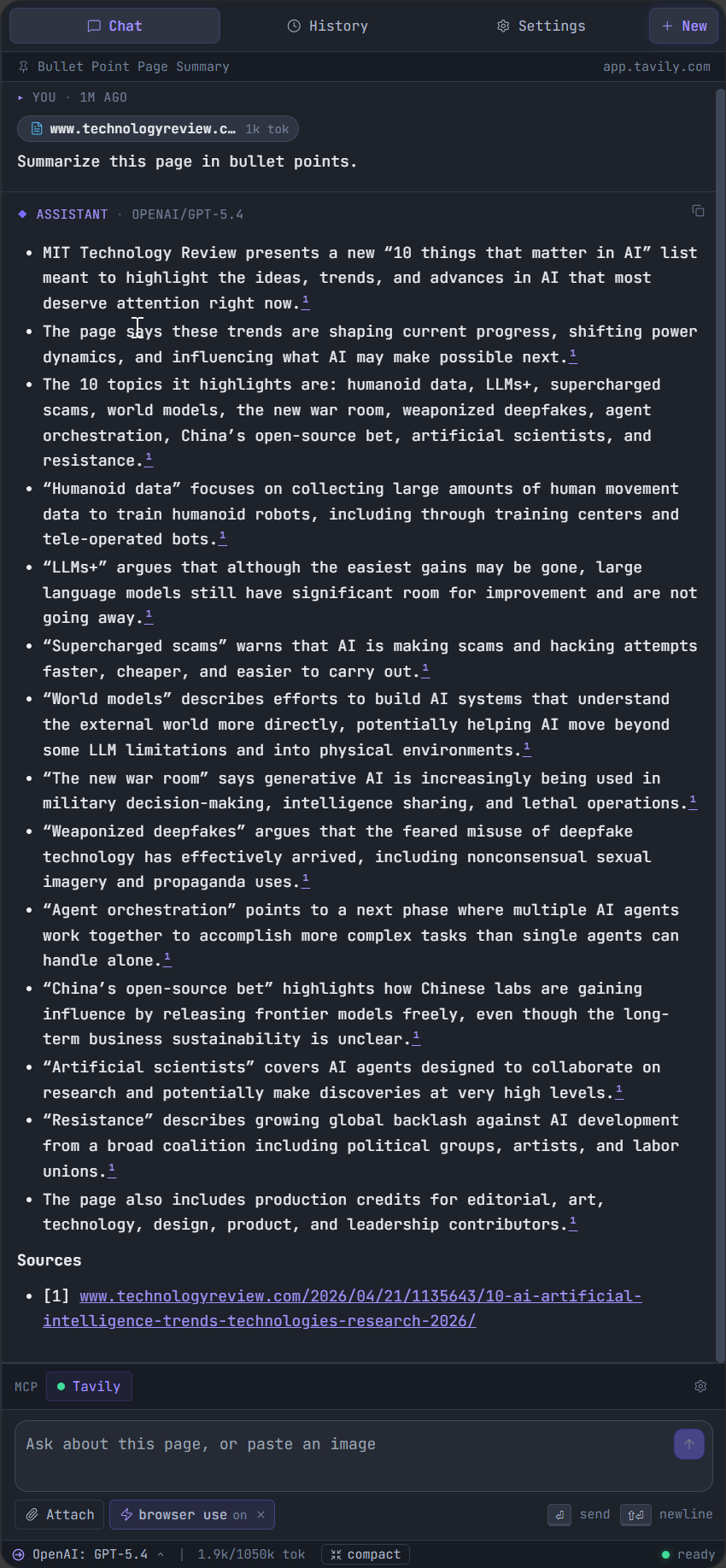 BrowsePal analysing a page inside the browser