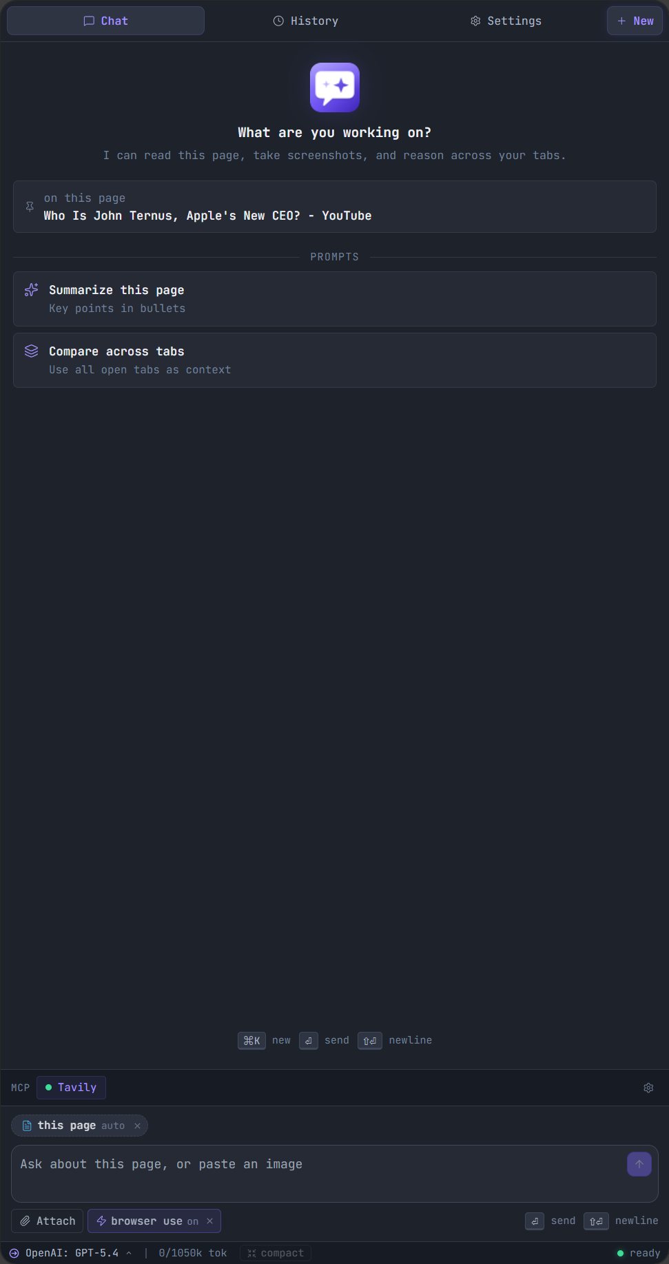 BrowsePal empty state with prompt suggestions