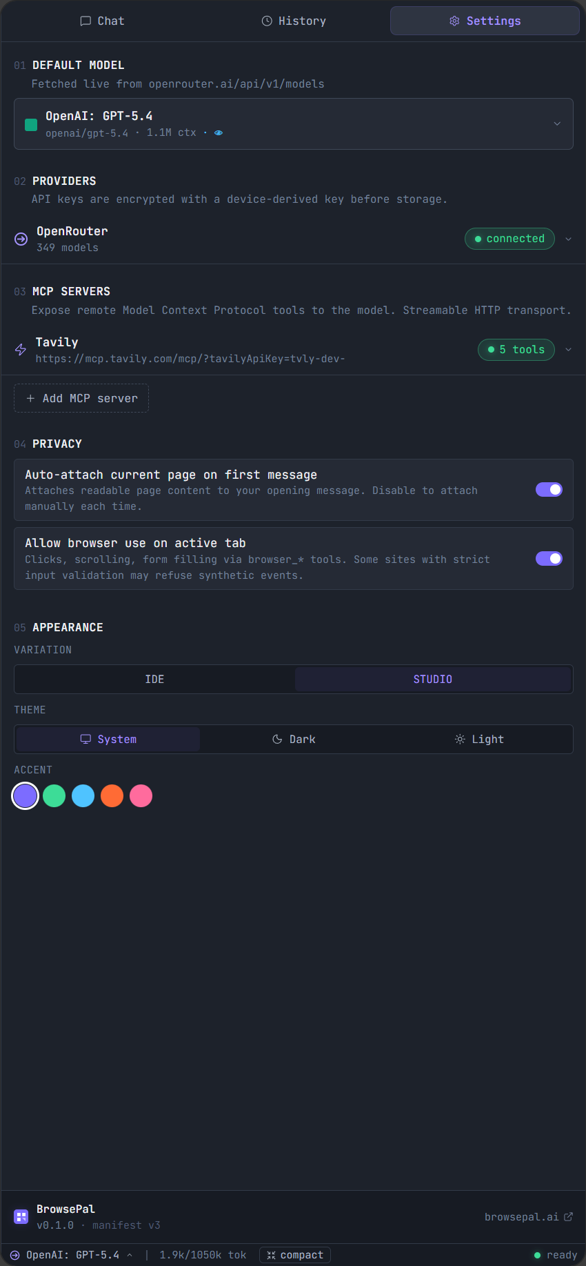 BrowsePal settings showing OpenRouter connected and all appearance controls